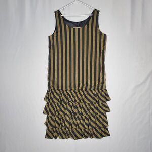 Recollections Black Gold Stripe Ruffle Flapper Dress Women's Medium